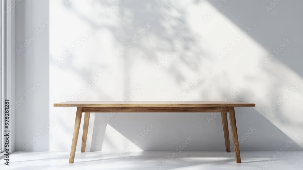 Poster hyper-realistic teak table centered in a white room copy space on right side modern minimalist style