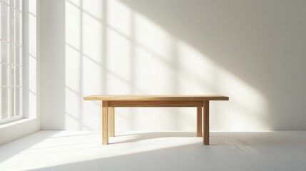Hyper-realistic teak table centered in a white room copy space on right side modern minimalist style bright and spacious 