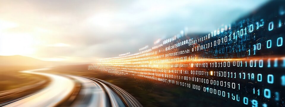 A futuristic digital bridge made of binary code, representing data transfer between systems.