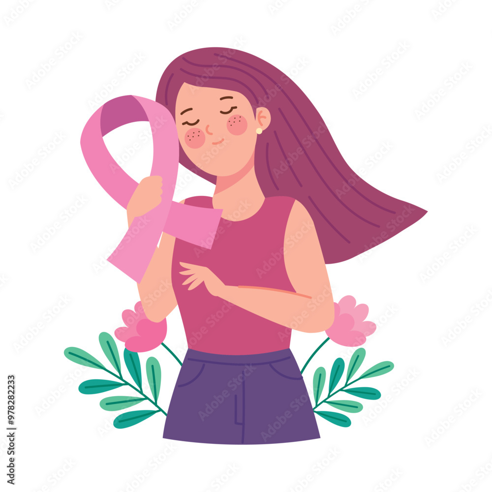 Sticker young woman and pink ribbon