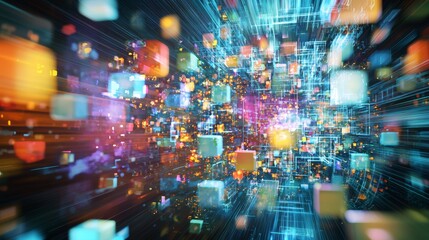 Fototapeta premium Colorful abstract cubes and data streams in a digital environment