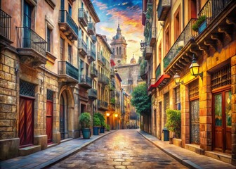 A vibrant street scene in Barcelona's historic Gothic Quarter, with ornate architecture, intricate stone carvings, and colorful ceramic tiles lining the cobblestone streets.