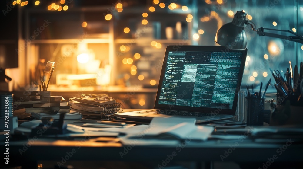 Poster workspace with a laptop and coding in a warm, creative environment