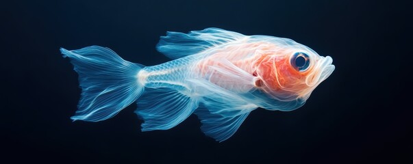 Fototapeta premium Glowing transparent fish swimming in deep sea against black background