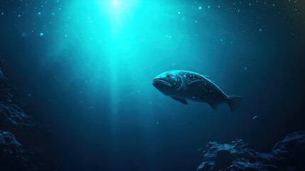 Naklejka premium Bioluminescent creatures lighting up the vast, dark abyssal waters, deep sea fish swimming in the distance