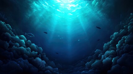 Fototapeta premium Bioluminescent creatures lighting up the vast, dark abyssal waters, deep sea fish swimming in the distance