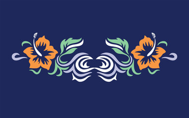 Illustration of hibiscus in graphic style in tribal style composition.