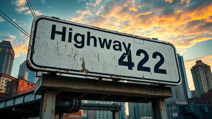 A weathered white sign with bold black letters proclaims "Highway 42" against a gritty cityscape backdrop of worn