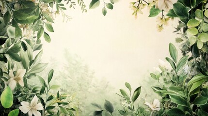 A botanical wedding card design featuring lush greenery and light flowers framing the edges, ideal for a nature-inspired wedding.