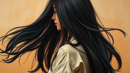 Naklejka premium A woman's hair falls in loose, straight waves down the back, reaching the middle of the shirt, framing