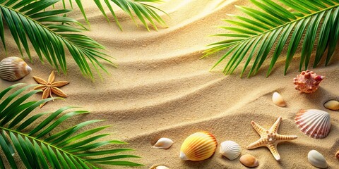 Obraz premium Tropical holiday background with palm leaves, seashells, and sand on the beach