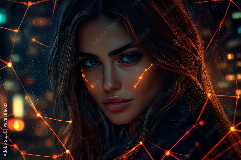 Aufkleber futuristic woman with neon lit facial circuit patterns in dark ambient lighting symbolizing human te