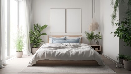 A serene Scandinavian bedroom with white walls and gray bedding, flooded with natural light 1. Generative AI