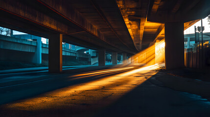 view from under the overpass, where the beams of light from traffic create dynamic shadows