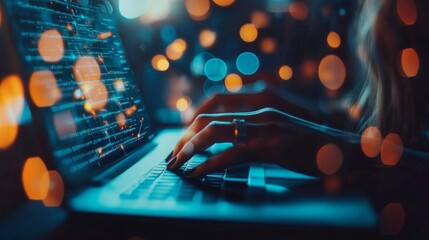 Person typing on laptop with code reflected on the screen at night