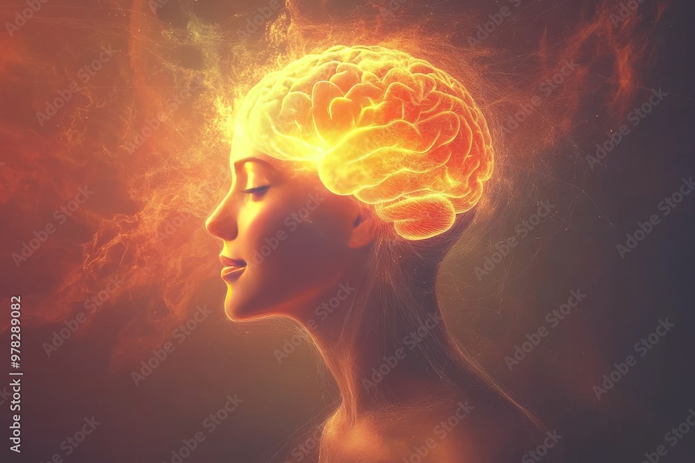 Poster fiery orange brain with glowing neural patterns symbolizing intense mental activity cognition and th