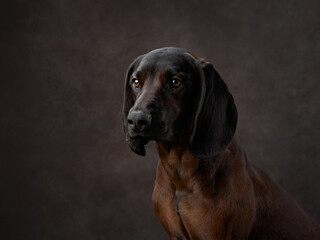 A Bavarian Scenthound dog looks thoughtful against a neutral background, its expressive eyes and...