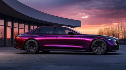 Fototapeta premium A highgloss luxury car in the color Future Dusk parked on an empty street at sunset The deep violet paint shines under the fading sunlight creating rich reflections and sleek curves The background sky