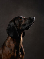 A Bavarian Scenthound dog in profile view against a dark background, highlighting its alert and...