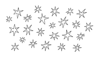 Rough stars doodle. Shining star, spark, sparkle, Ink pen texture. Black and white. Hand drawn illustration vector.	