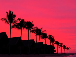 Obraz premium A vibrant sunset over the ocean with the sky bathed in rich Sunset Coral tones Gentle waves reflect the warm coral hues and the sun casts a soft glow over the beach Silhouettes of palm trees in the fo