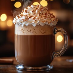 Warm and Cozy: Close-Up of Steaming Hot Chocolate with Whipped Cream and Cinnamon in Soft Indoor Light, Captured with Nikon Z7 II Macro Lens
