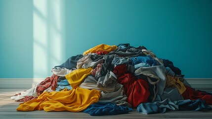 A large pile of clothes in various colors and textures scattered across the floor, set against a clean, light blue background. The left side of the image is intentionally left blank.