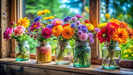 Vibrant mason jars filled with colorful flowers on a rustic windowsill