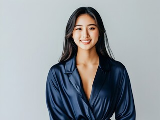 Fototapeta premium Serene Asian Model in Navy Blue Satin Pajamas Exuding Charm and Sophistication