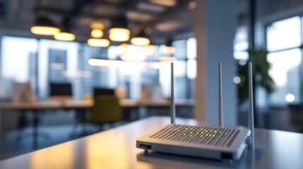 A close-up of a wireless router in a modern office, providing high-speed internet to connected devices.
