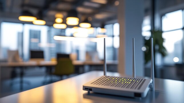 A close-up of a wireless router in a modern office, providing high-speed internet to connected devices.