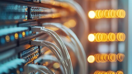A close-up of network cables connected to high-speed switches in a server room, showcasing a robust network infrastructure with fiber optic technology.