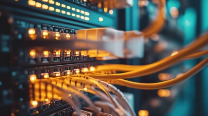 A close-up of fiber optic cables connected to networking equipment in a server rack, ensuring fast data transmission.