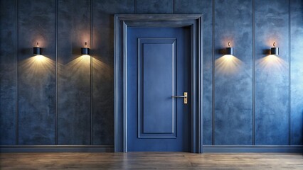 Indigo Velvet Door with Black Frame and Modern Lighting Fixtures