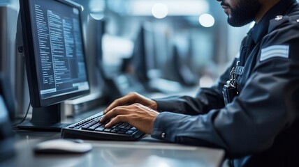 Close-up of a customs officer typing information into a computer at passport control, document verification, travel security