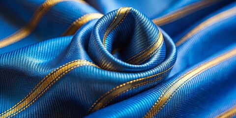 Close-up of blue cloth with elegant gold stripes pattern for background