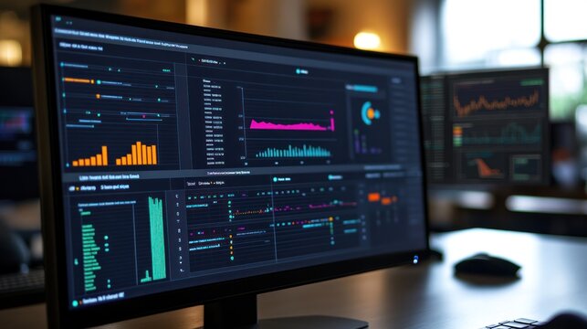 A close-up of network management software on a monitor, displaying live data traffic, device statuses, and potential issues.