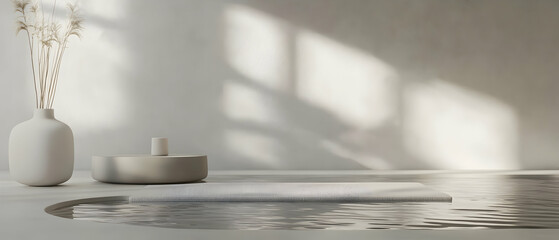 3D rendering of a podium mockup scene with a yoga mat and tranquil water background for a wellness product presentation. The color palette is lavender and light gray. Minimal geometric forms with