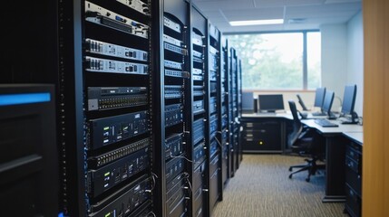 A corporate office network setup with networking equipment strategically placed for optimal performance and security.