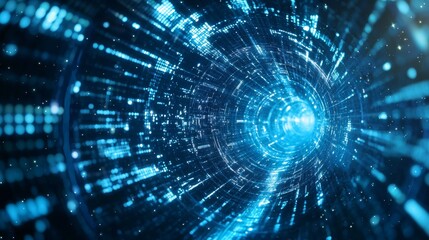 Abstract digital vortex with blue glowing light particles