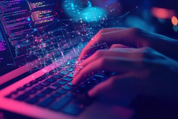 Hands typing on laptop with digital code overlay