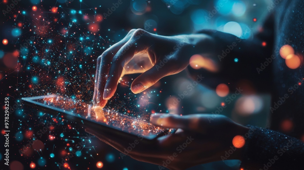 Poster close-up of hands interacting with a tablet emitting glowing data particles