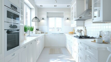 Modern White Kitchen with Stainless Steel Appliances and a Window View