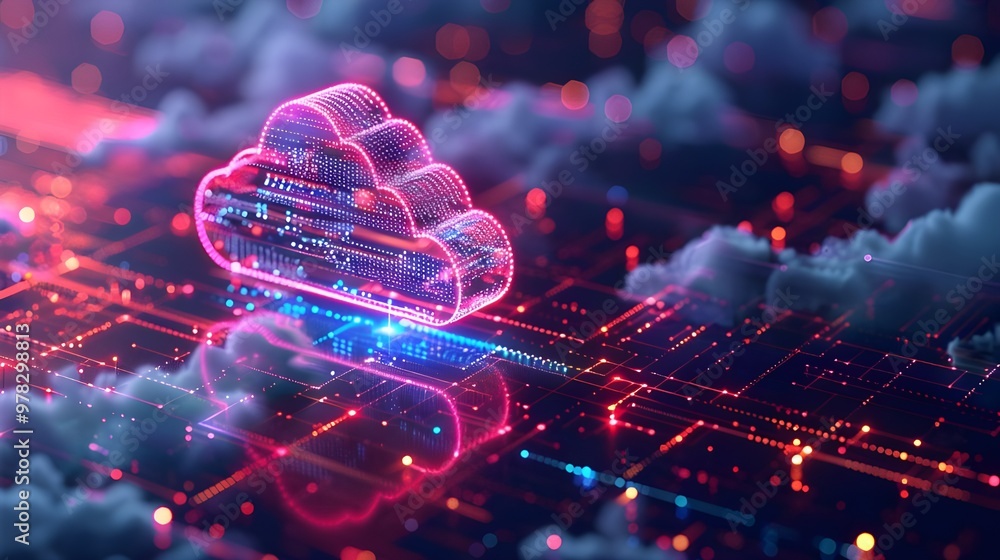 Poster Cloud computing technology concept. 3d rendering toned image double exposure - Generated AI