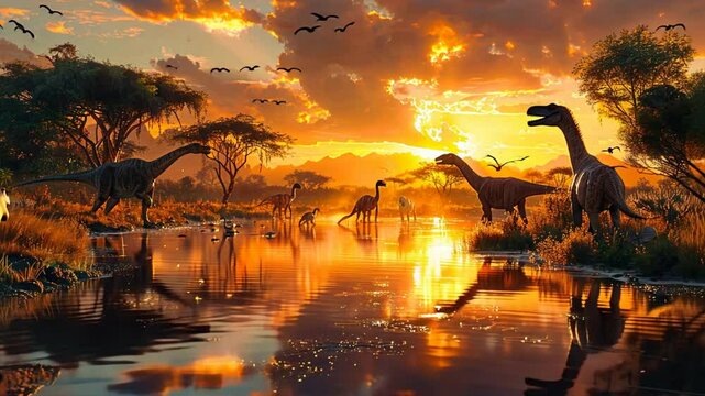 Jurassic Sunset: Dinosaurs at the Watering Hole 