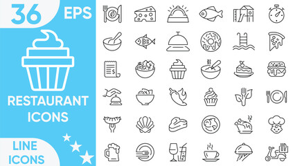 Catering thin line icon set. Containing fork, spoon, knife, plate, cloche, tray, chef hat, beverage, food, dining table icon set