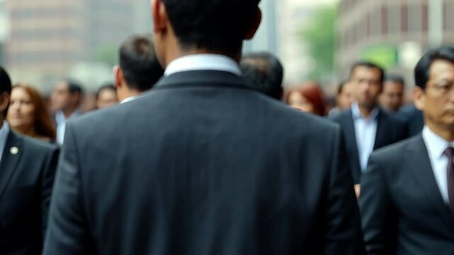 The Anonymity of the City: A lone businessman, shrouded in shadow, walks through a bustling urban landscape, surrounded by a sea of faces, their identities lost in the anonymity of the crowd. The imag