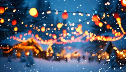 Enchanting Winter Wonderland with Sparkling Bokeh Lights Against a Snowy Backdrop