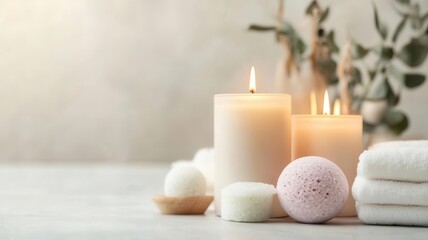 Aromatherapy candles lit next to an arrangement of bath bombs and salts, Home spa and beauty rituals, Calming sensory experience