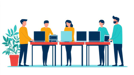 People repairing electronics, reducing ewaste, circular economy, flat design illustration